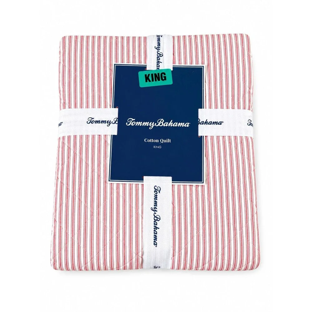 Tommy Bahama Makena Stripe King Quilt Comforter Pink White Reversible Tropical